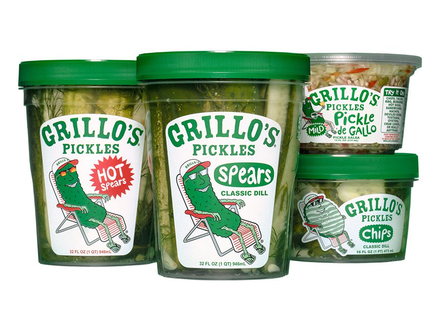 Four jars of Grillo's Pickles featuring various flavors: Hot Spears, Classic Dill Spears, Pickle de Gallo, and Classic Dill Chips.