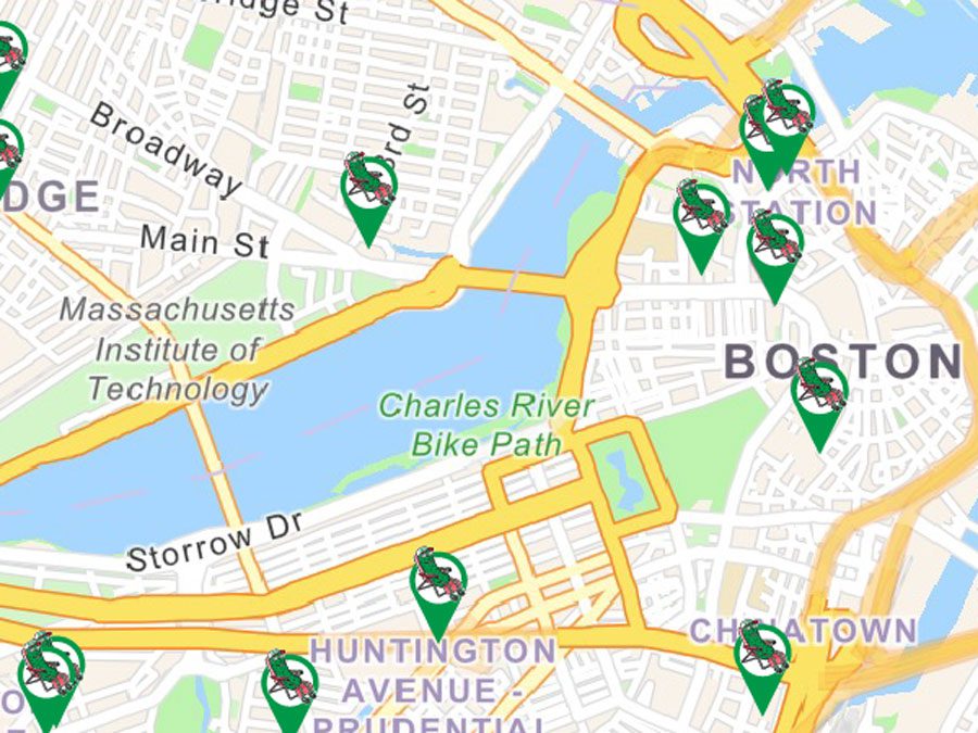 A map of Boston featuring multiple markers indicating stores that sell Grillo's Pickles.